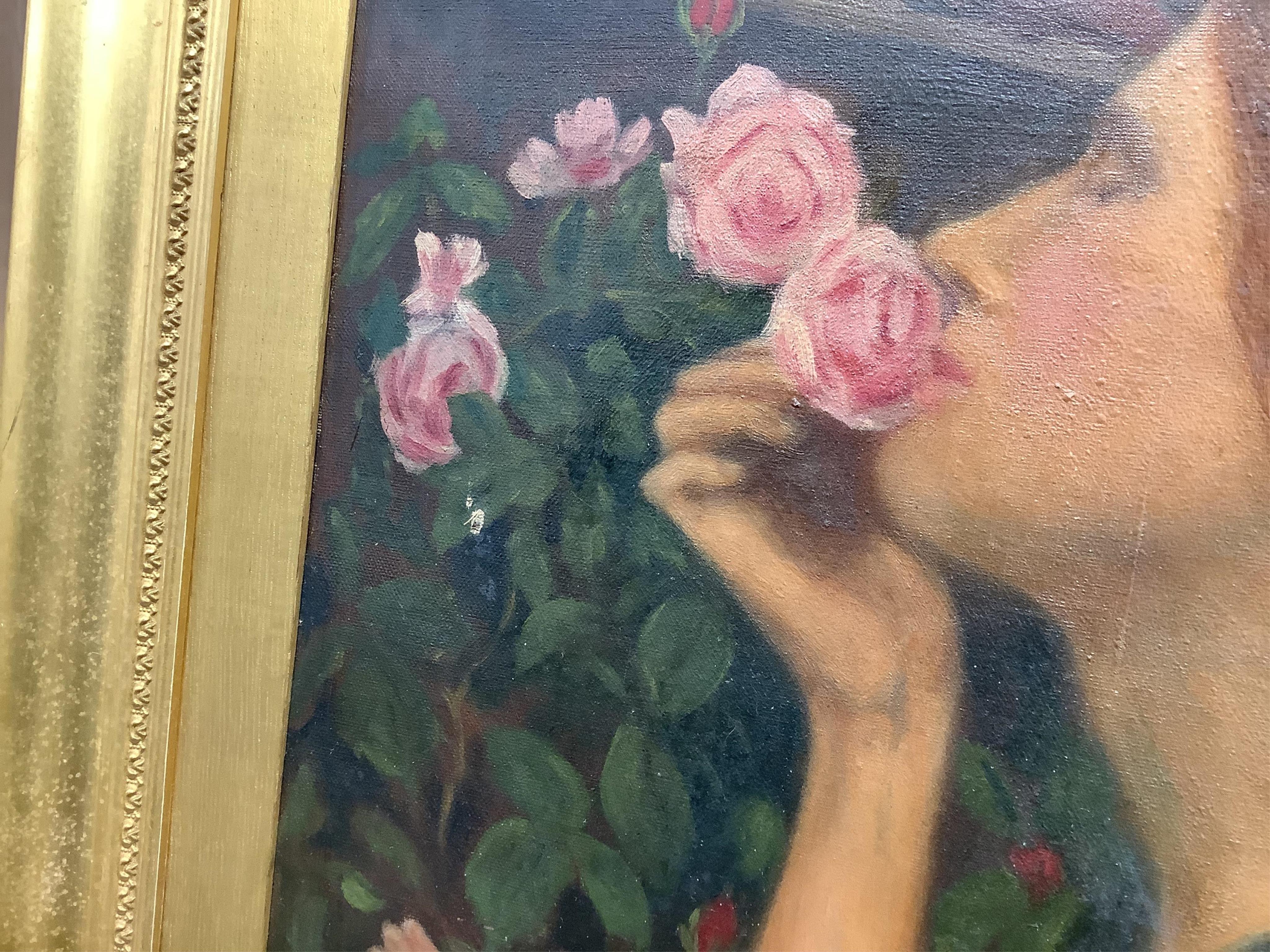 Oil on canvas, Study of a lady with roses, unsigned, various Lady B M Pink labels verso, 72 x 50cm, gilt framed. Condition - fair